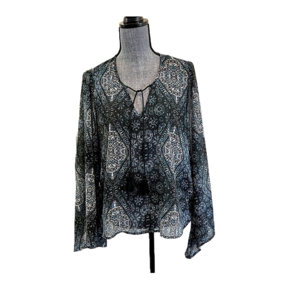 Olivaceous Dark Teal and White Patterned Blouse